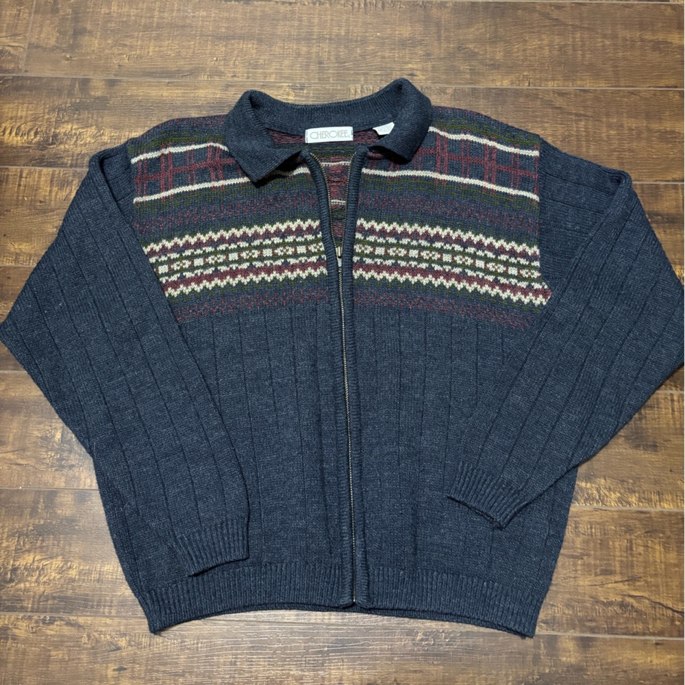 Cherokee Men's Navy Zip-Up Sweater with Pattern